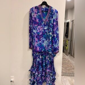 Vintage Judith Ann Silk Beaded Floral Ruffle Dress Purple Blue | One Size